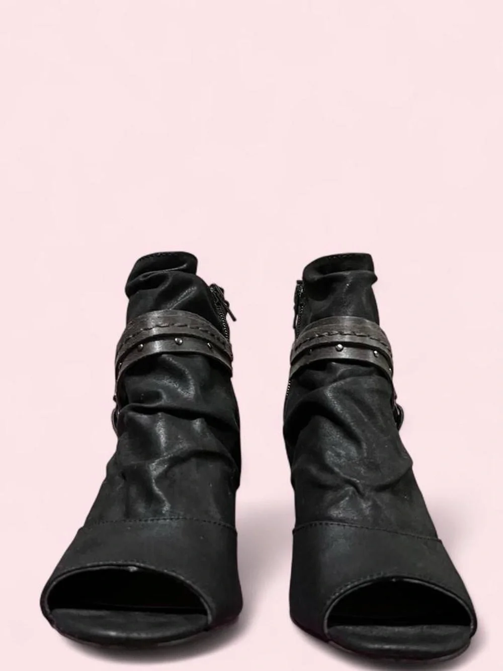 8.5 Womens Black Peep-Toe Ankle Booties with Strap Detail